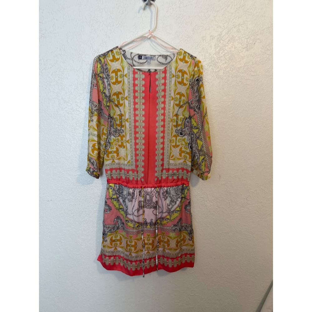 Jennifer Lopez Pink Baroque Chain Print Mini Dress Small Long Sleeve Keyhole